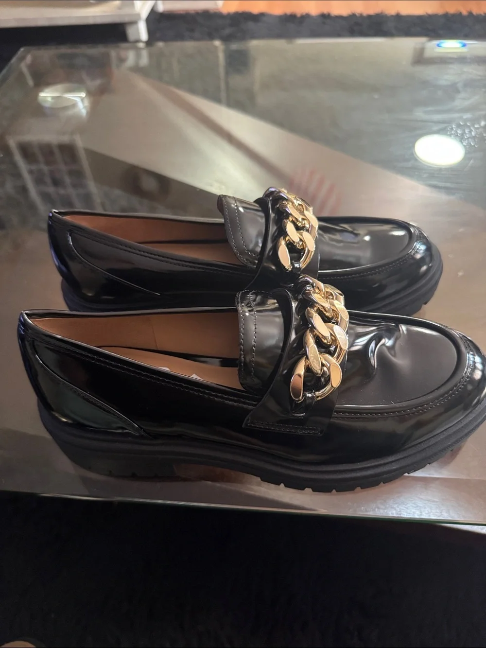 INC International Concepts Black Patent Loafers with Gold Chain